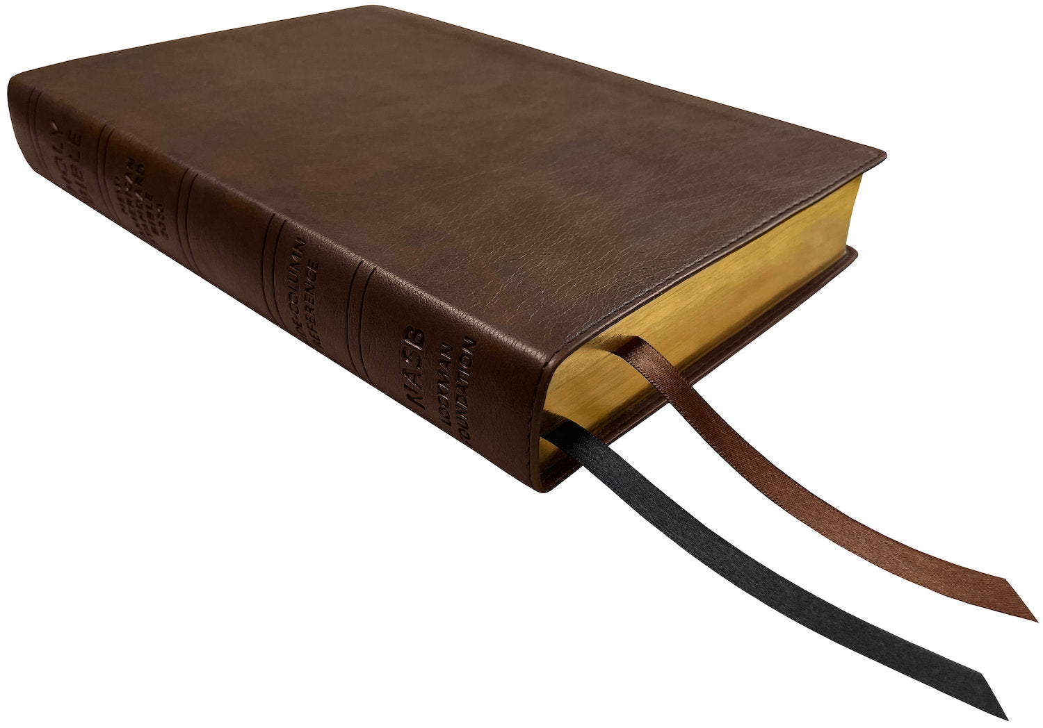NASB 2020 Side Column Reference Bible, brown leathertex, angled side view with ribbon markers