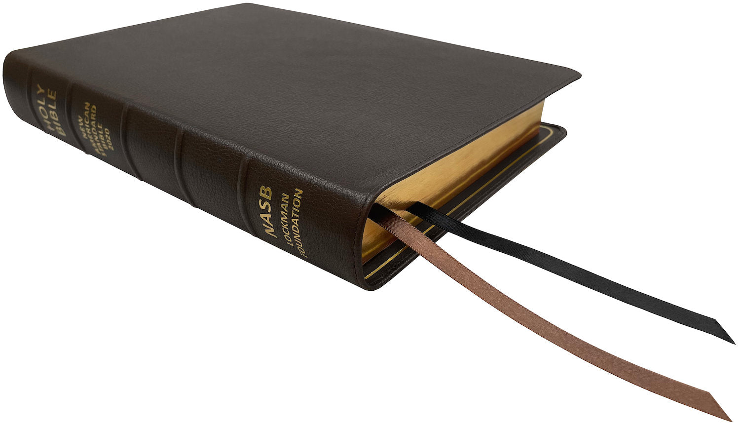 NASB 2020 Prime Side Column Reference Bible, brown premium goatskin leather, angled side view with ribbon markers