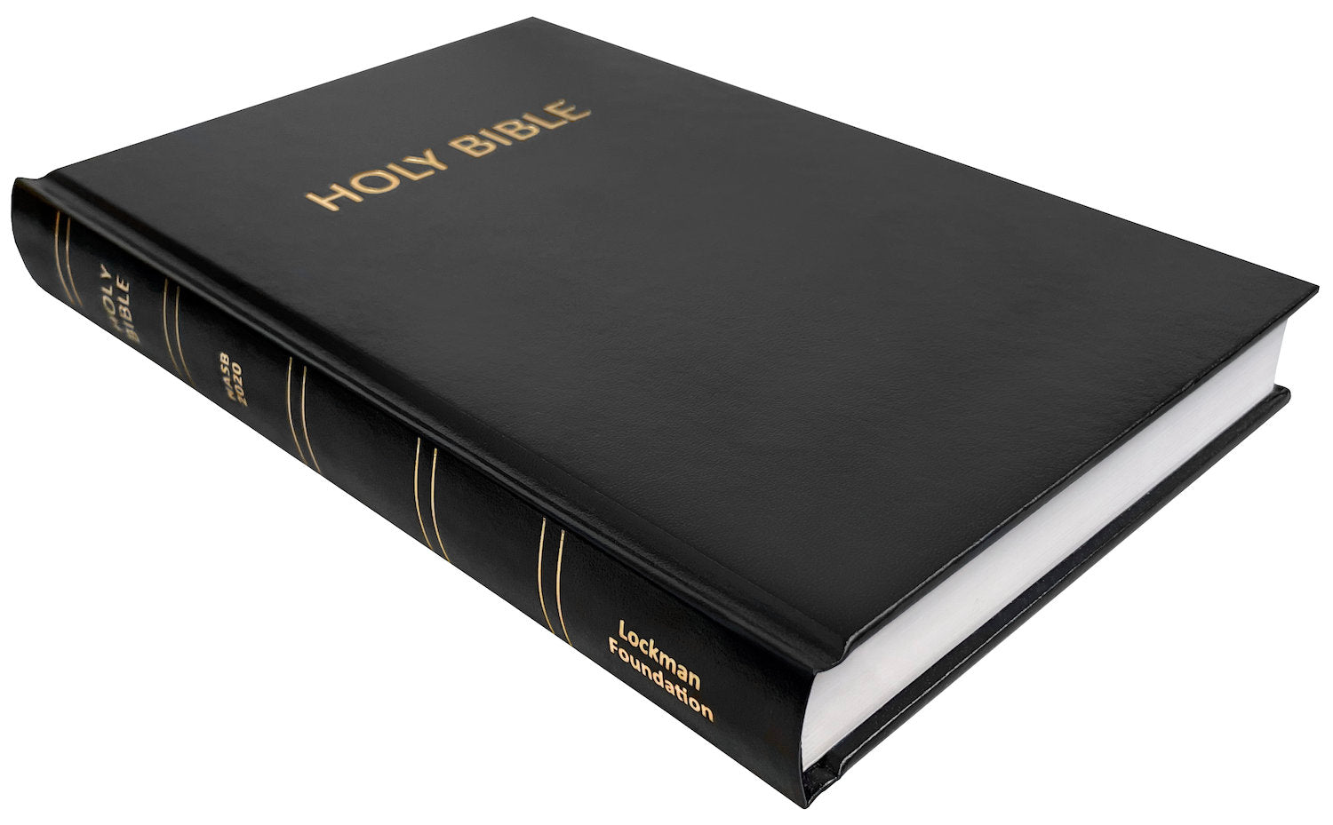 NASB 2020 Pew Bible, black hardcover, angled side view with page edges