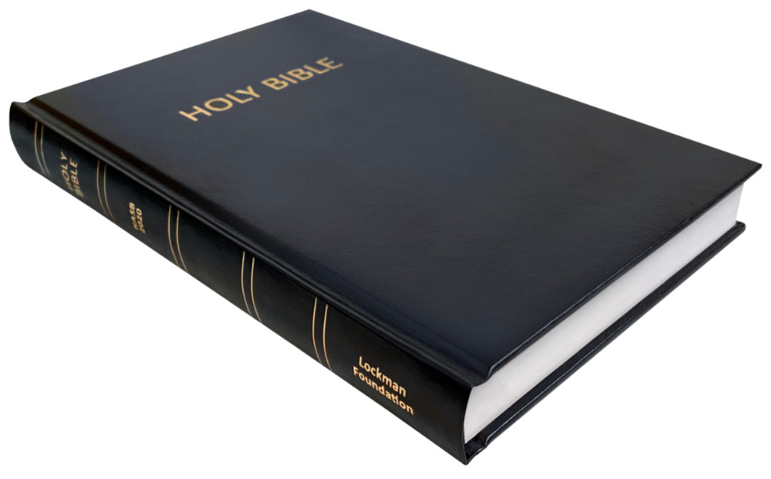 NASB 2020 Pew Bible, black hardcover, angled side view with page edges
