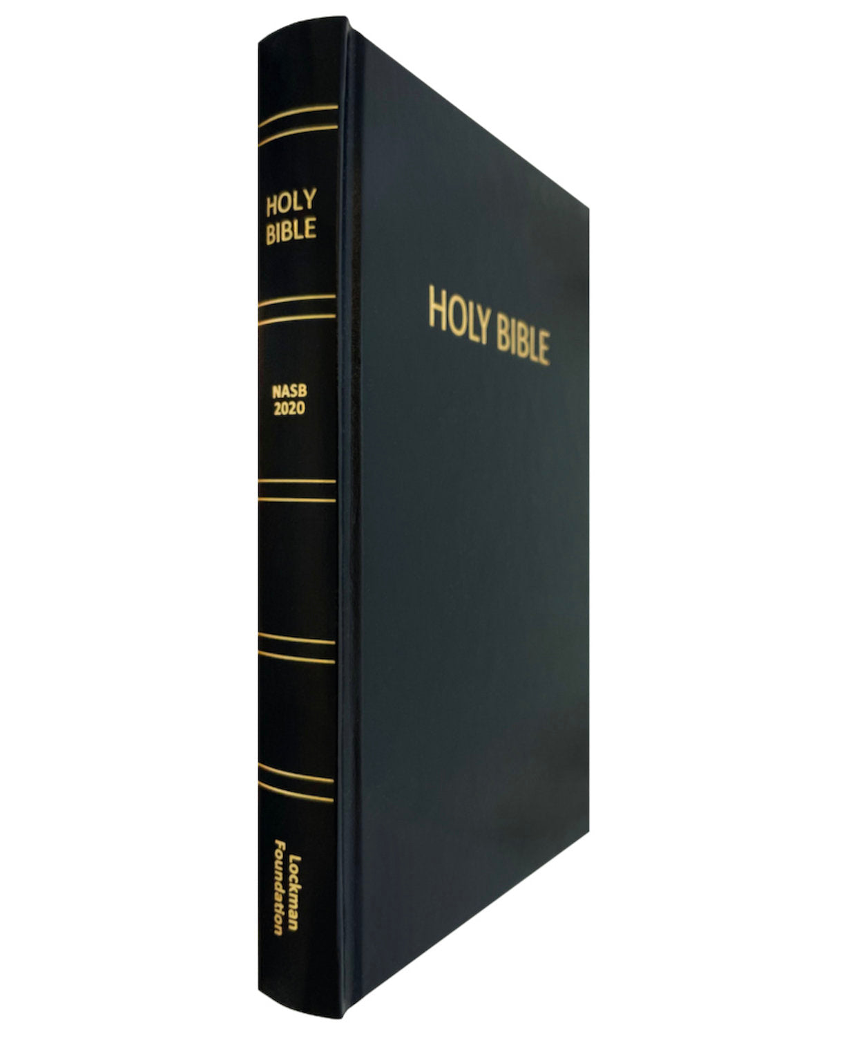 NASB 2020 Pew Bible, black hardcover, angled side view