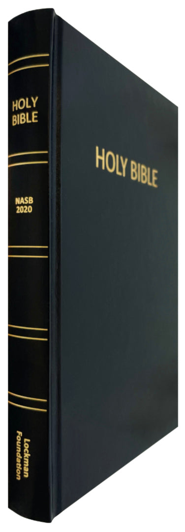 NASB 2020 Pew Bible, black hardcover, angled side view