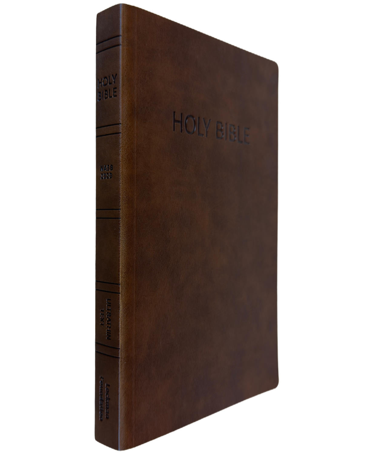 NASB 2020 Ultrathin Text Bible, brown leathertex cover, angled side view