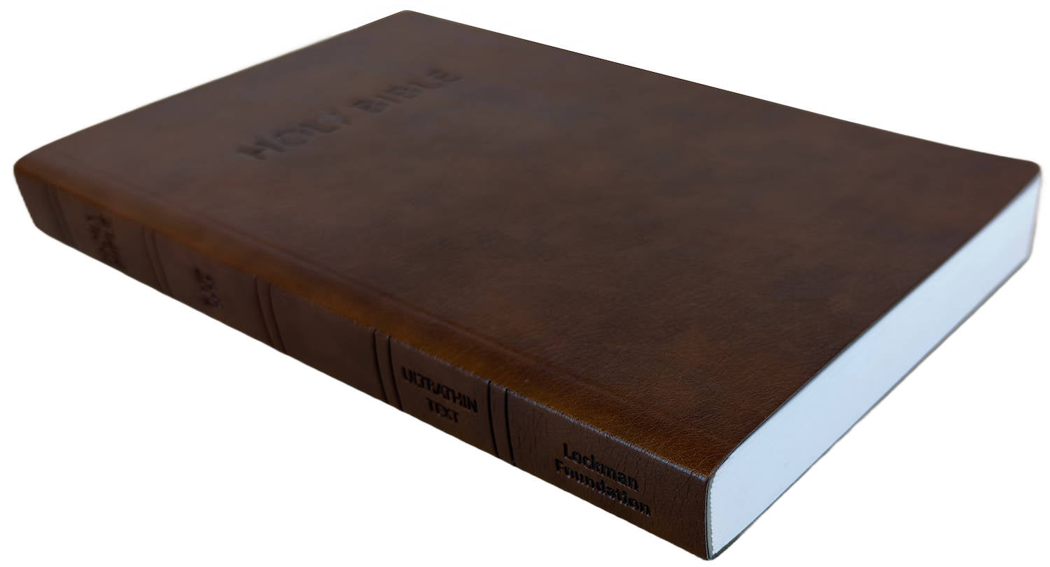 NASB 2020 Ultrathin Text Bible, brown leathertex cover, angled side view with page edges