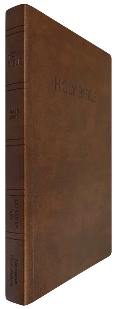 NASB 2020 Ultrathin Text Bible, brown leathertex cover, angled side view