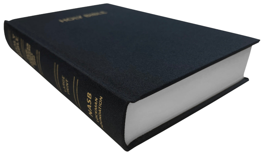 NASB 2020 Large Print Pew Bible, black linen cloth hardcover, angled side view