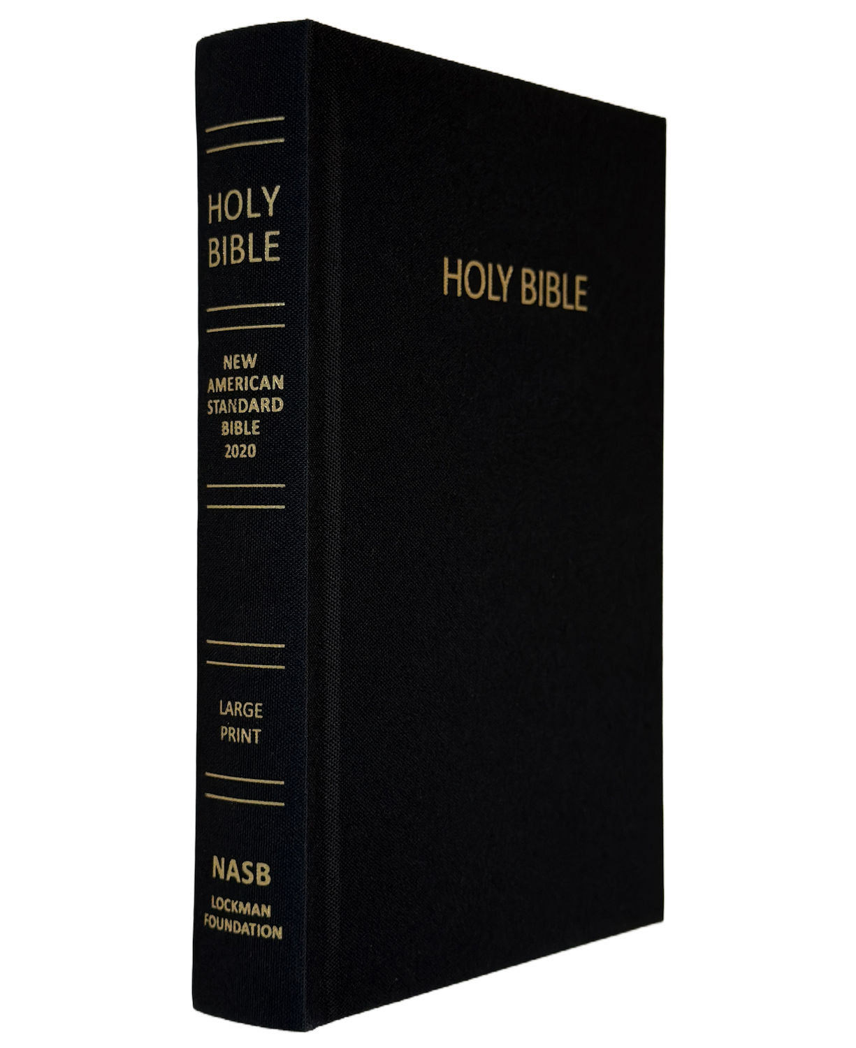 NASB 2020 Large Print Pew Bible, black linen cloth hardcover, angled view of spine and front cover
