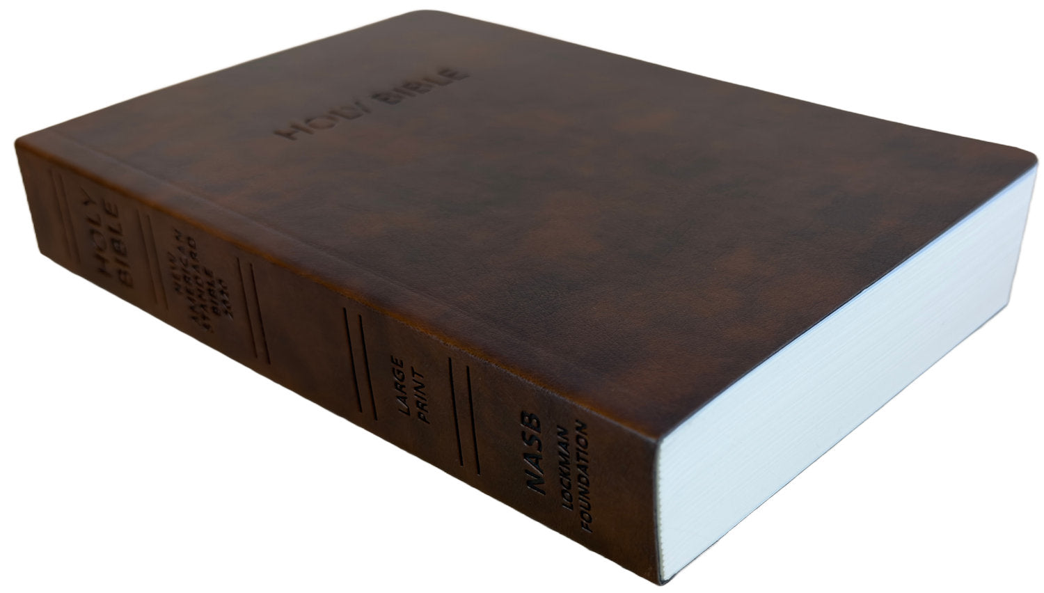 NASB 2020 Large Print Text Bible, brown leathertex, angled side view