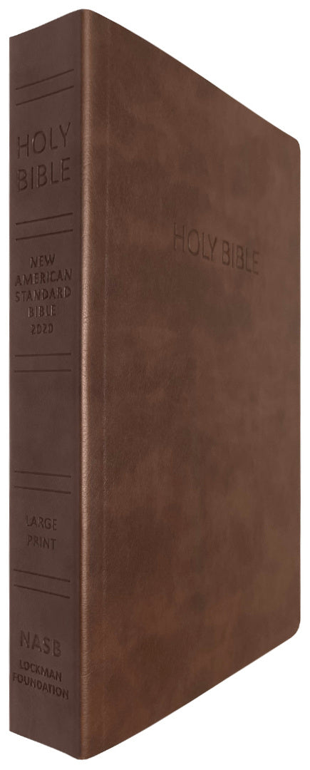 NASB 2020 Large Print Text Bible, brown leathertex, angled side view of spine and front cover