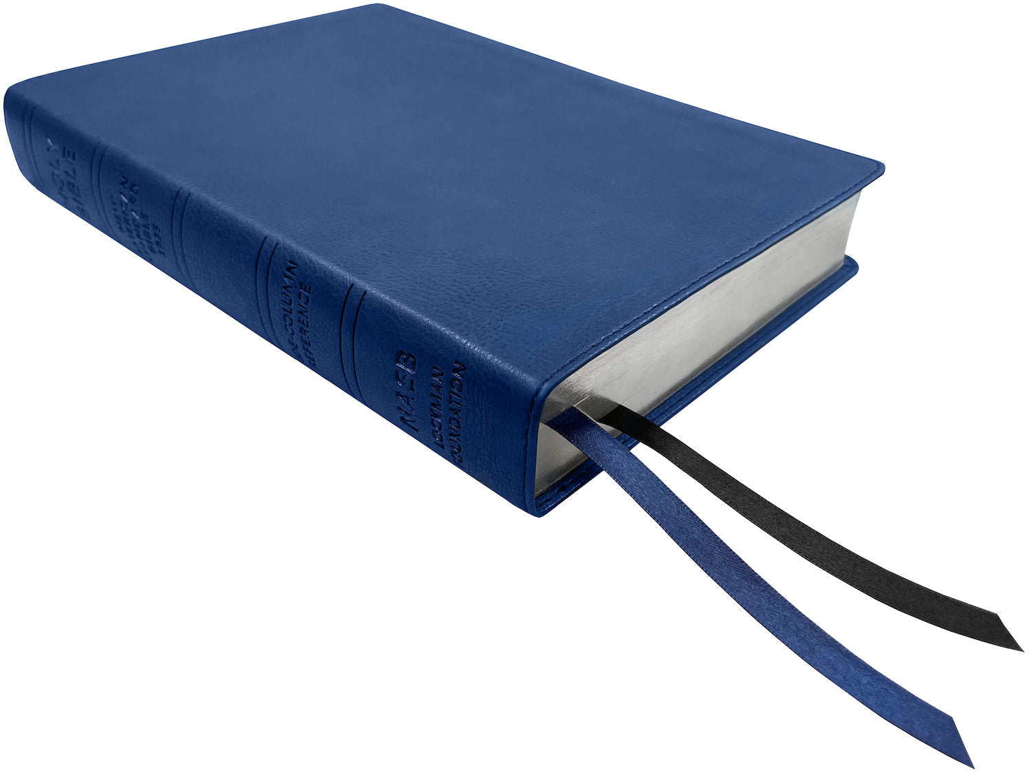NASB 1995 Side Column Reference Bible, blue leathertex, angled side view with ribbon markers