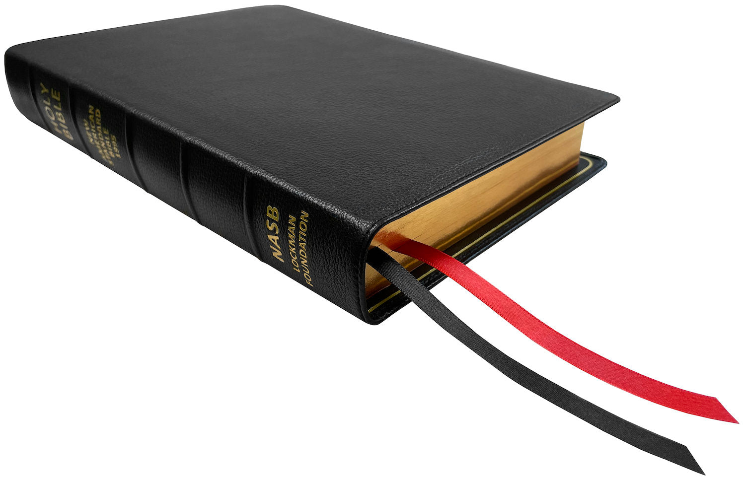 NASB 1995 Prime Side Column Reference Bible, black premium goatskin leather cover angled side view with ribbon markers