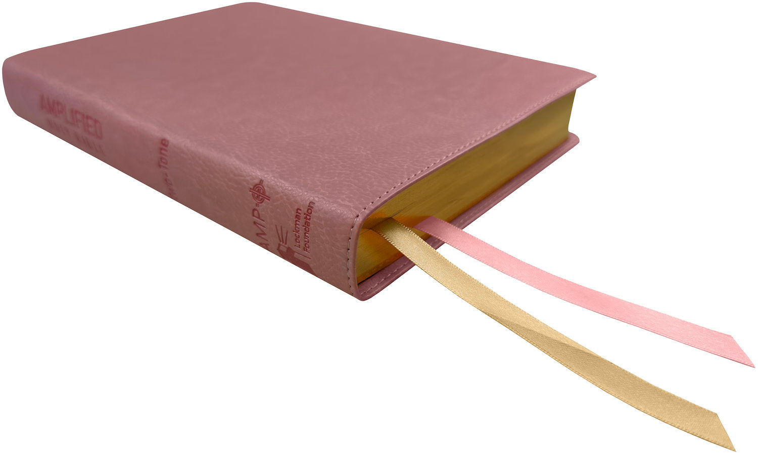 Amplified Two-Tone Bible, pink leathertex, angled side view with ribbon markers