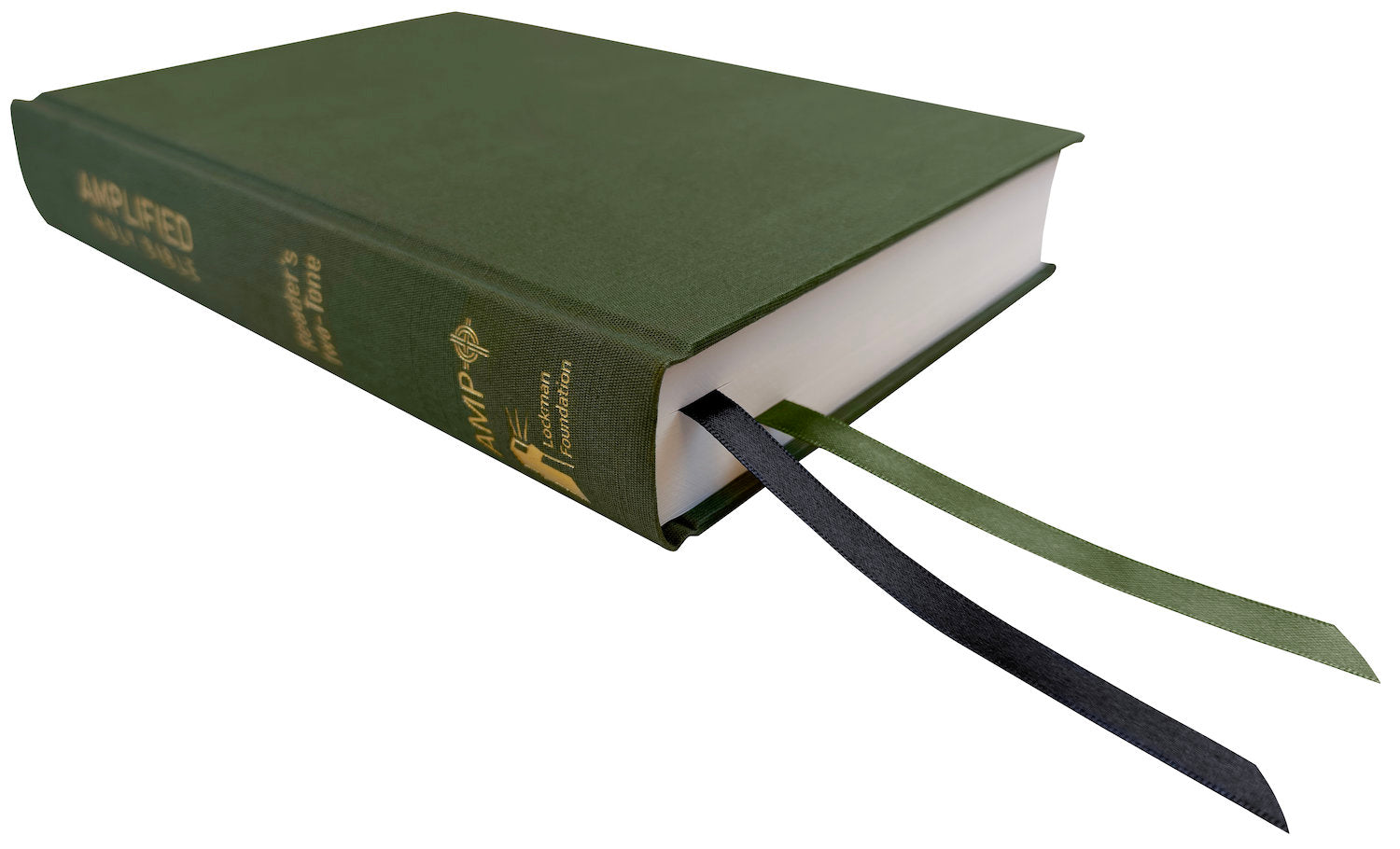 Amplified Readers Two-Tone Bible, olive linen hardcover, angled side view with ribbon markers