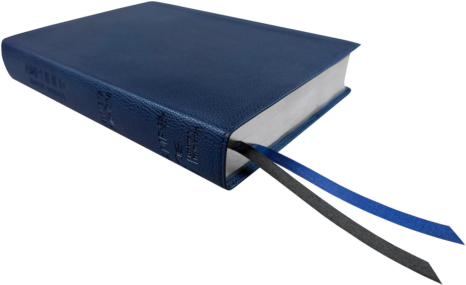 Amplified Readers Two-Tone Bible, blue leathertex, angled side view with ribbon markers