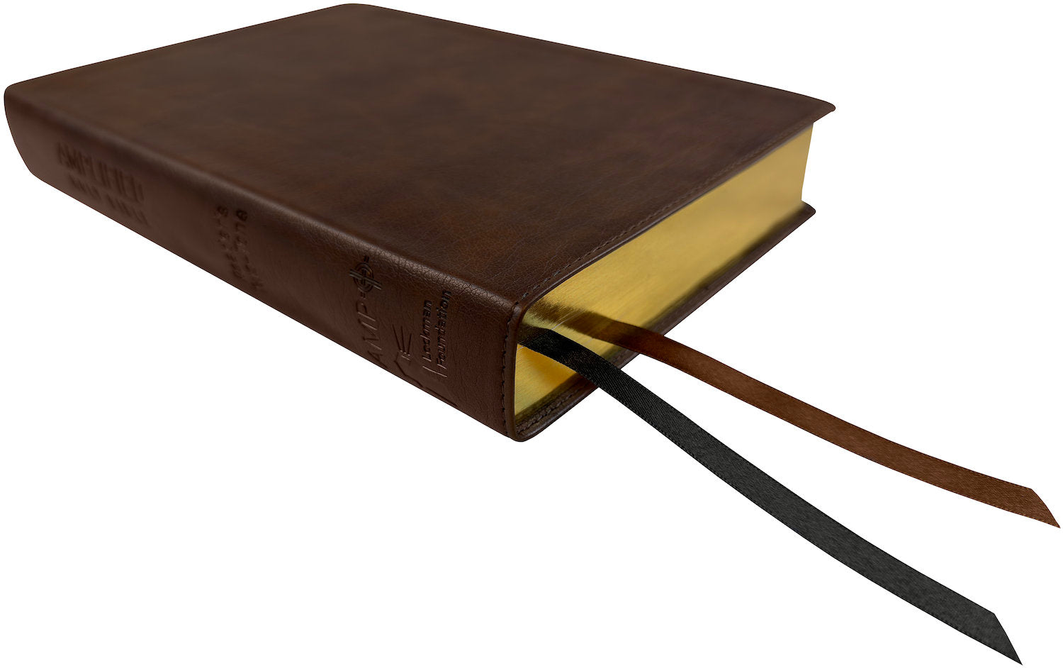 Amplified Readers Two-Tone Bible, brown leathertex, angled side view with ribbon markers