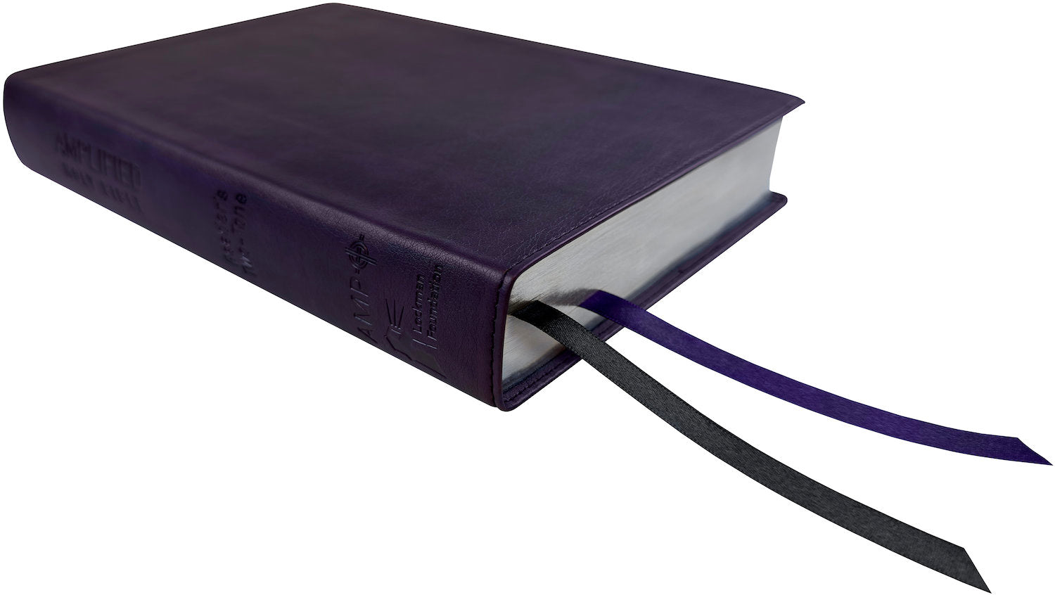 Amplified Readers Two-Tone Bible, purple leathertex, angled side view with ribbon markers