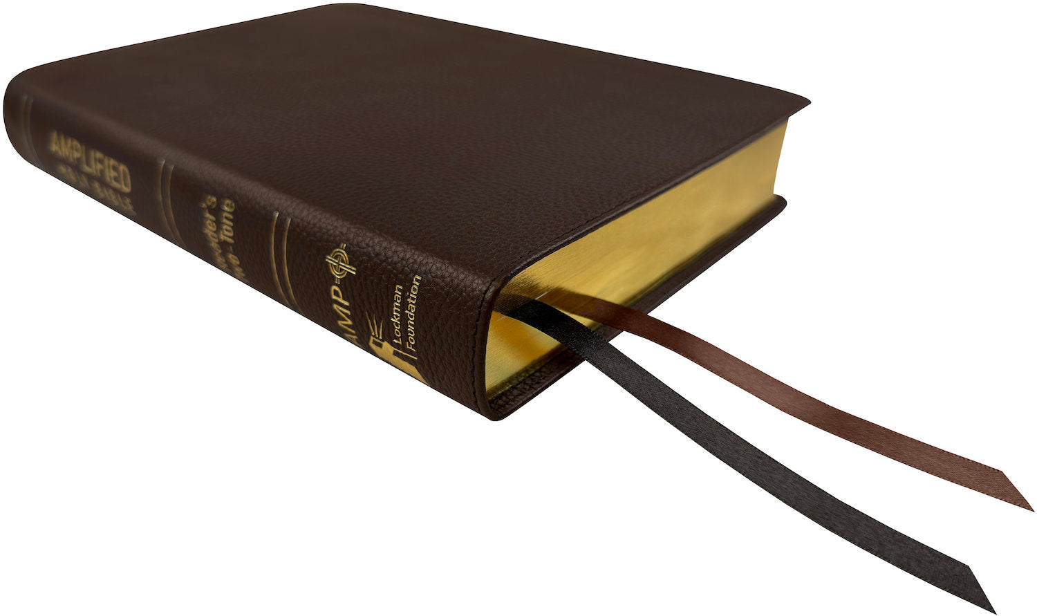 Amplified Readers Two-Tone Bible, brown genuine cowhide leather, angled side view with ribbon markers