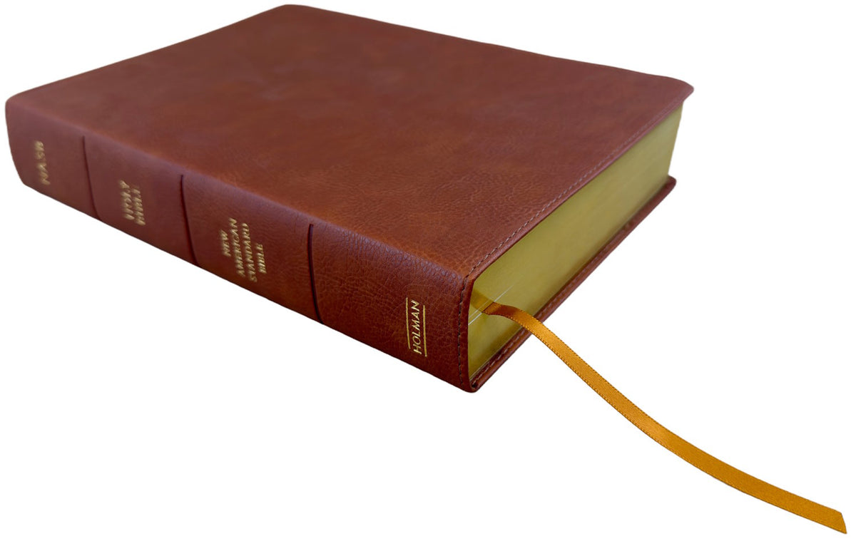 NASB 2020 Super Giant Print Reference Bible, burnt sienna leathertex cover, angled side view with ribbon marker