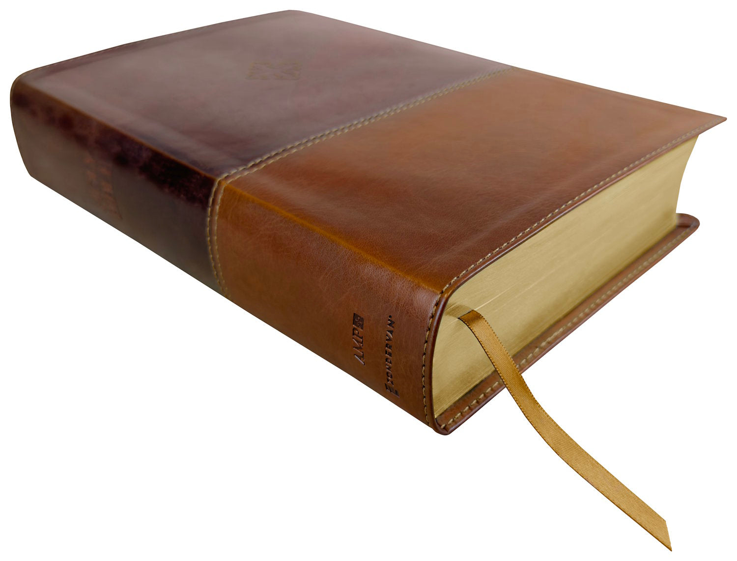 Amplified Study Bible, brown leathertex, angled side view with ribbon markers
