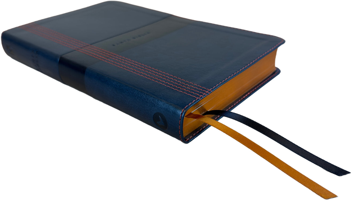 NBLA Large Print Ultrathin Bible, blue leathertex, angled side view with ribbon markers