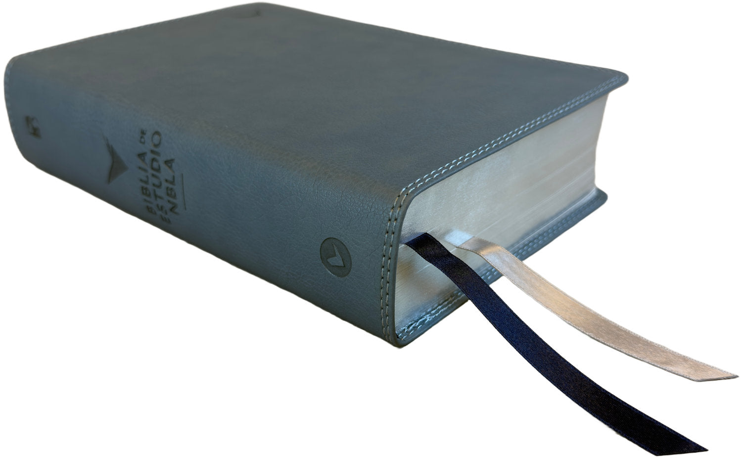 NBLA Study Bible, gray leathertex cover, angled side view with ribbon markers