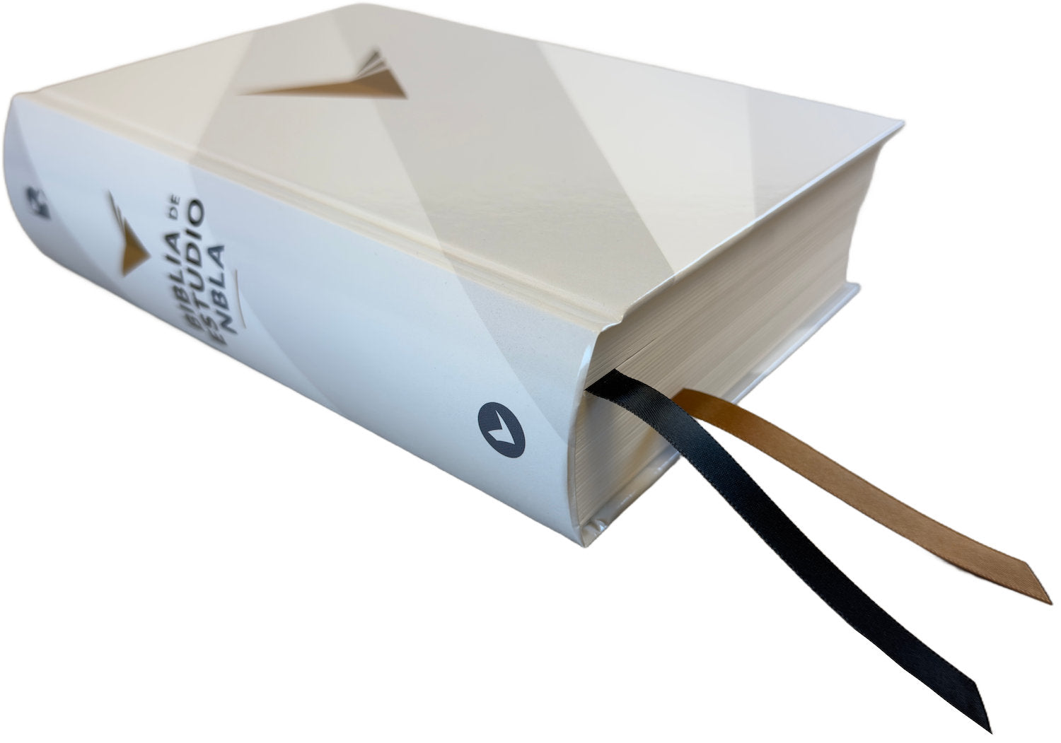 NBLA Study Bible, white and gray hardcover, angled side view with ribbon markers