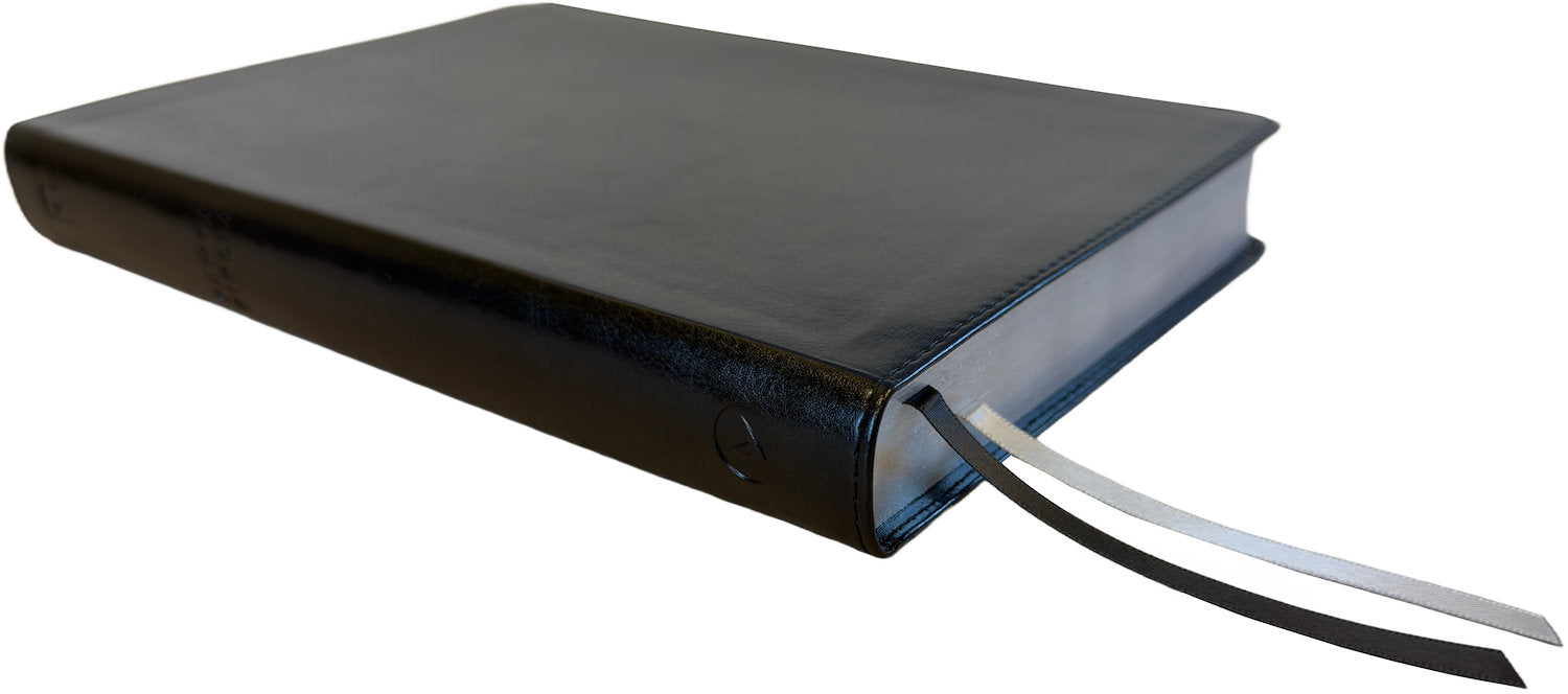 NBLA Minister's Bible, black leathertex, angled side view with ribbon markers